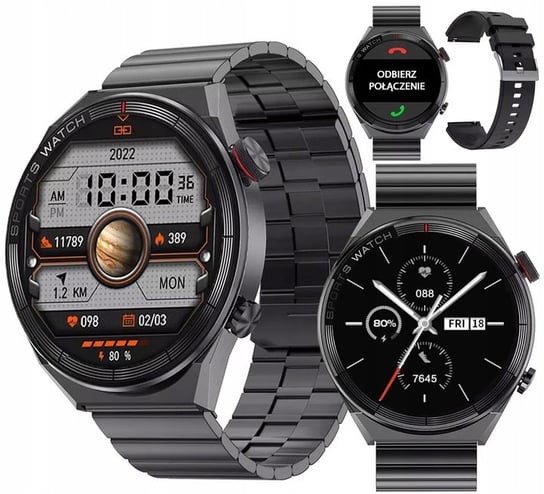 Smartwatch Zegarek Męski 3 Mate Series SG-Gadgets 2 Paski Polskie Menu Rozmowy Powiadomienia  - Czarny SG-Gadgets