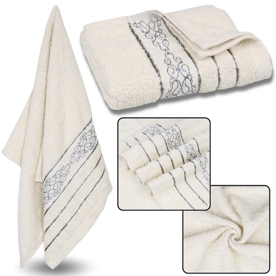 Śmietankowy ręcznik bawełniany z ozdobnym haftem, szary haft, ręcznik kąpielowy 70x135 cm x1 Inna marka