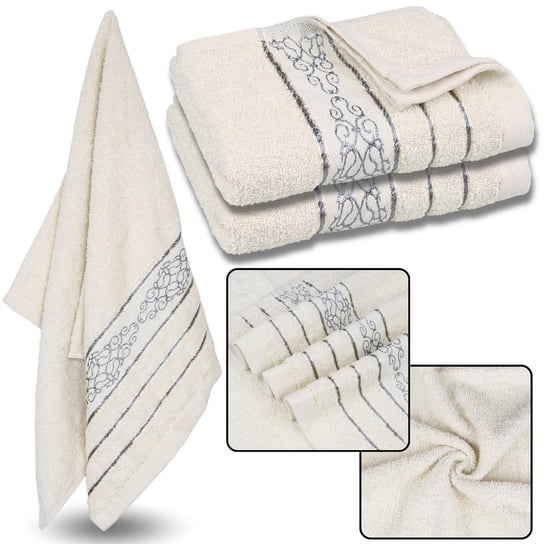 Śmietankowy ręcznik bawełniany z ozdobnym haftem, szary haft, ręcznik kąpielowy 70x135 cm x2 Inna marka