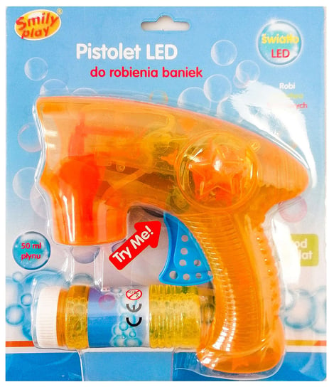 Smily Play, Pomarańczowy pistolet do baniek mydlanych z płynem światełka LED Smily Play