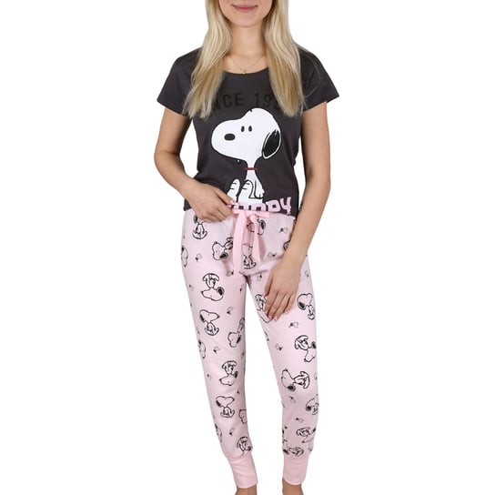 Snoopy Fistaszki Szaro-różowa piżama damska na krótki rękaw, bawełniana, długie spodnie L Snoopy