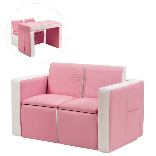 Sofa dziecięca z funkcja stołu i foteli różowa COSTWAY