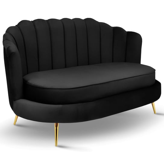 Sofa Muszelka LIVIA – czarna z wygodnym, pikowanym oparciem, głębokim siedziskiem i złotymi nóżkami POSTERGALERIA