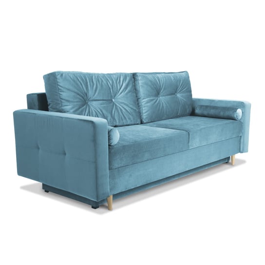 Sofa STELLA w kolorze błękitnym z funkcją spania i pojemnikiem na pościel POSTERGALERIA