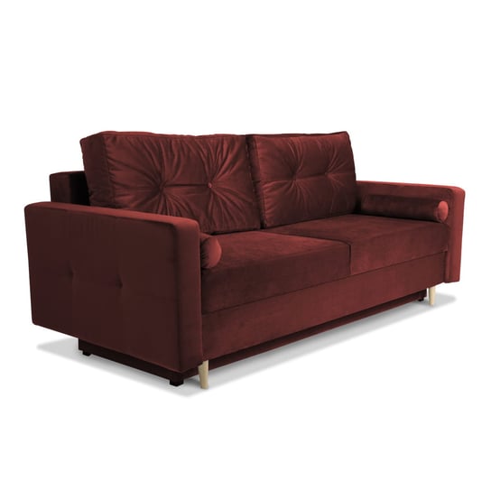 Sofa STELLA w kolorze ciemnoczerwonym z funkcją spania i pojemnikiem na pościel POSTERGALERIA