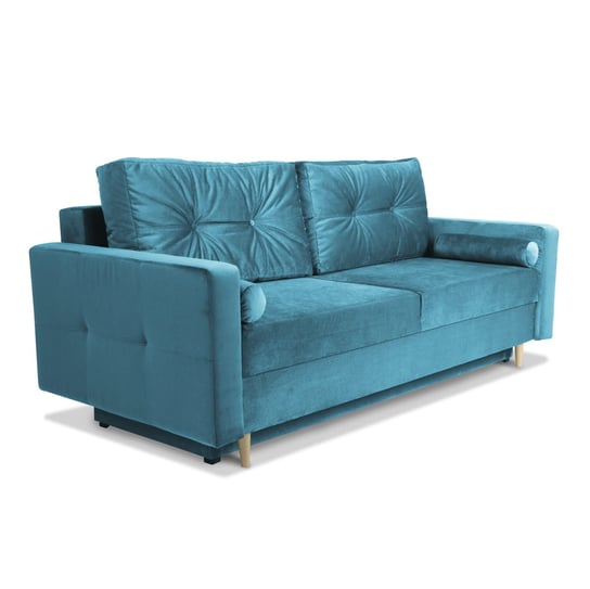 Sofa STELLA w kolorze jasnoniebieskim z funkcją spania i pojemnikiem na pościel POSTERGALERIA