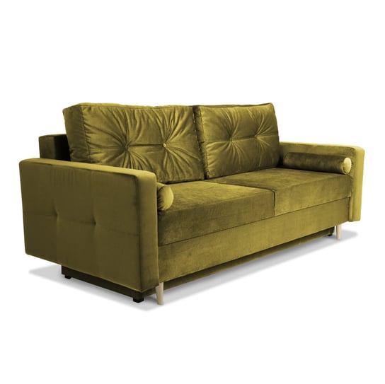 Sofa STELLA w kolorze oliwkowym z funkcją spania i pojemnikiem na pościel POSTERGALERIA
