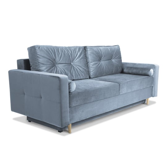 Sofa STELLA w kolorze stalowo - niebieskim z funkcją spania i pojemnikiem na pościel POSTERGALERIA