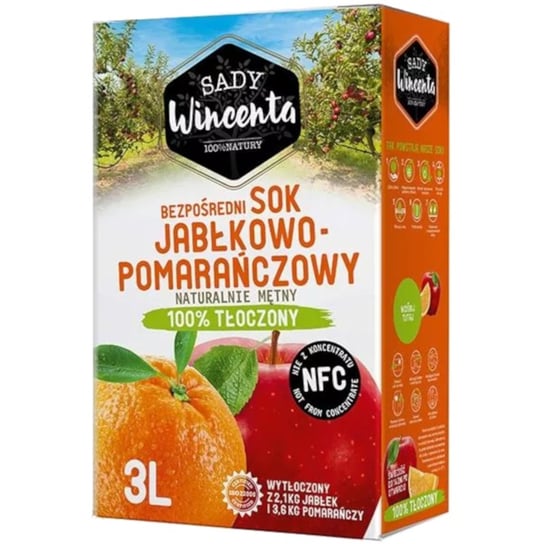 Sok w Kartonie o smaku Jabłkowo-Pomarańczowy 3L, 100 Procent Tłoczony Sady Wincenta