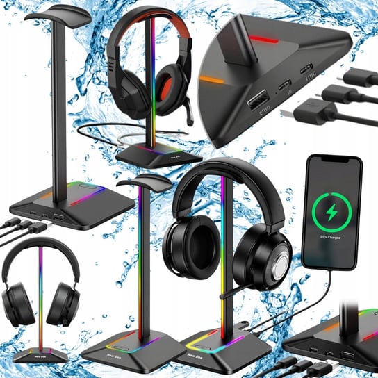 SOLIDNY STOJAK NA SŁUCHAWKI UCHWYT STATYW PODŚWIETLANY RGB 2X USB GAMINGOWY bez marki