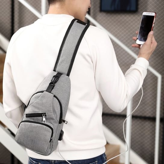 Sportowy plecak na jedno ramię, nerka z USB- szary Hedo