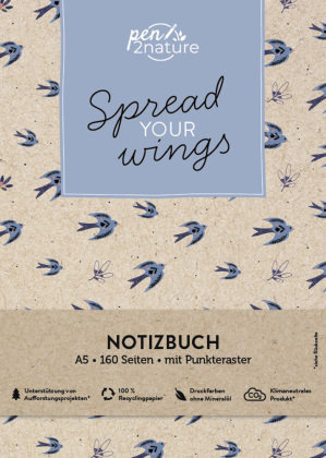 Spread Your Wings - Nachhaltiges Notizbuch in A5 mit Hardcover und Vogel-Motiv Pen2nature