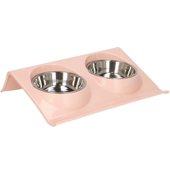 Springos, Podwójna miska metalowa z podstawką dla psa różowa Springos