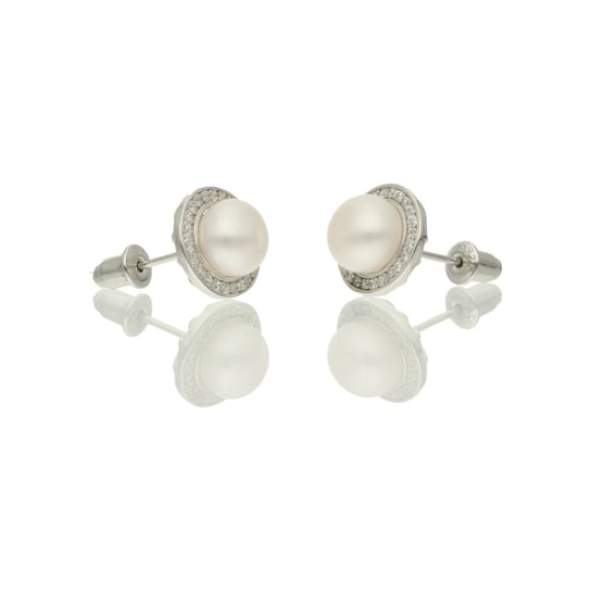 Srebrne kolczyki sztyft z białą perłą i cyrkoniami 925 Rosanto