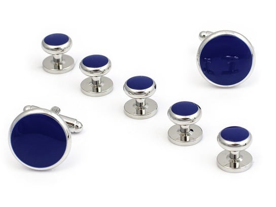 Srebrne spinki smokingowe z niebieskim oczkiem i guziki jubilerskie - zestaw H15 Modini