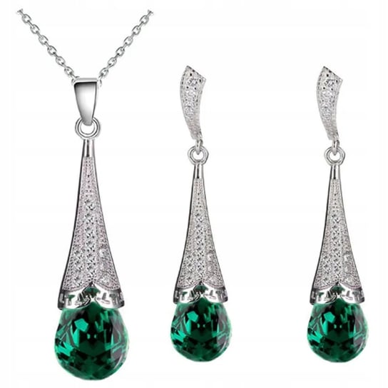 Srebrny Elegancki Komplet Biżuterii Zielone Cyrkonie Kryształki Lovrin