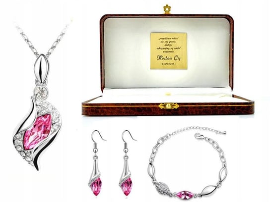 Srebrny komplet biżuterii różowe łezki grawer Lovrin