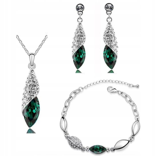 Srebrny komplet biżuterii zielone srebrzone łezki butelkowa zieleń cyrkonie Lovrin