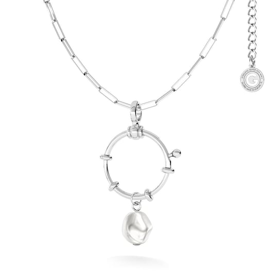 Srebrny naszyjnik ogniwkowy z nieregularną perłą, srebro 925 : Kolor pokrycia srebra - Pokrycie Jasnym Rodem GIORRE