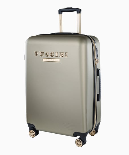 Średnia beżowa walizka z eleganckim napisem PUCCINI