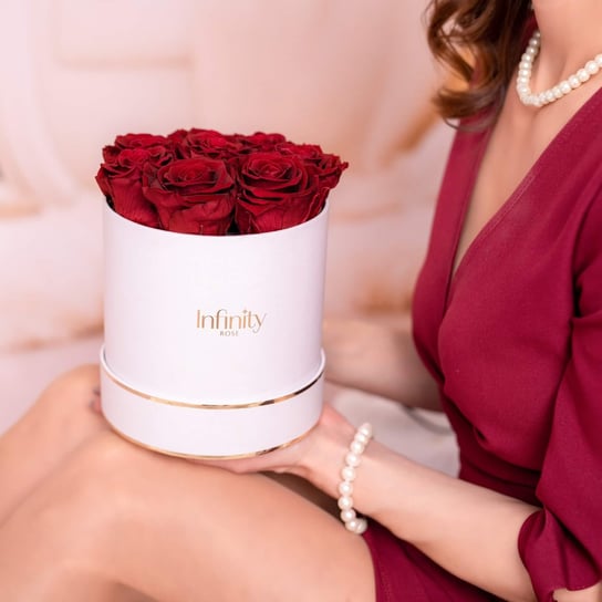 Stabilizowane czerwone wieczne róże biało-złoty duży flower box Infinity Rose prezent dla kobiety na imieniny urodziny Walentynki Infinity Rose
