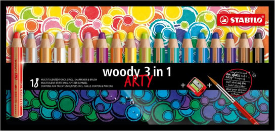 Stabilo, Kredki grybe Woody 3w1 Arty, 18 kolorów z temperówką i pędzelkiem Stabilo