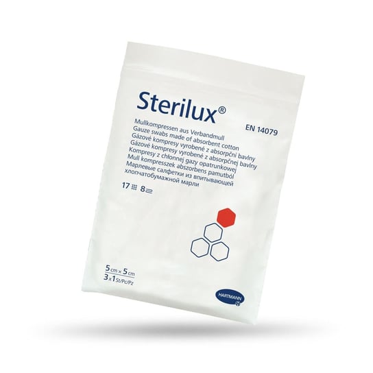 Sterilux, kompresy z gazy bawełnianej, jałowe, 17-nitkowe, 8 warstw, 5 cm x 5 cm, 3 sztuki Sterilux