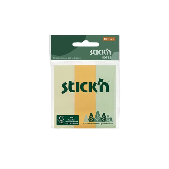 STICKN, Notes samoprzylepny FSC 76x25 mm, 3 kolory pastelowe, 100 kartek Stickn