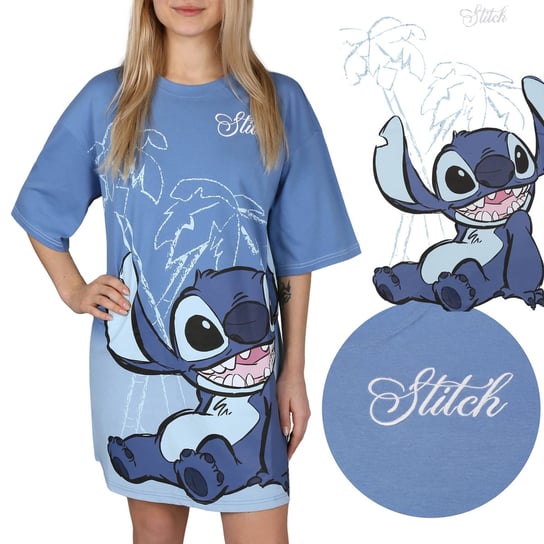 Stitch Disney Niebieska, damska koszulka do spania, bawełniana koszulka nocna L Disney