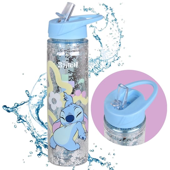 Stitch Disney Plastikowa butelka/bidon ze słomką, transparentna z brokatem 550ml Disney