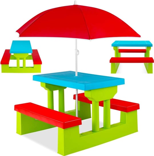Stół Ogrodowy Piknikowy Dla Dzieci Z Parasolem I Ławkami Zielono-Czerwony Coil COIL