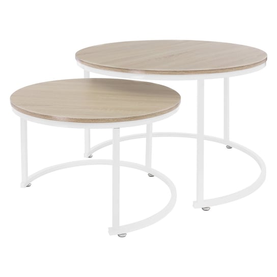 Stolik kawowy zestaw 2 okrągłych stolików Sonoma dąb/biały wykonany z MDF i metalu ML design ML-DESIGN