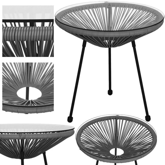 Stolik ogrodowy okrągły rattanowy, szklany blat 50 cm okrągły stół na taras czarno-szary Springos