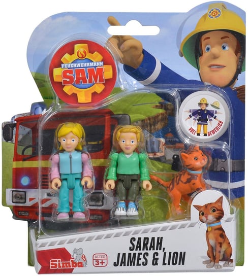 Strażak Sam, figurki Sarah, James i kot Lion Simba