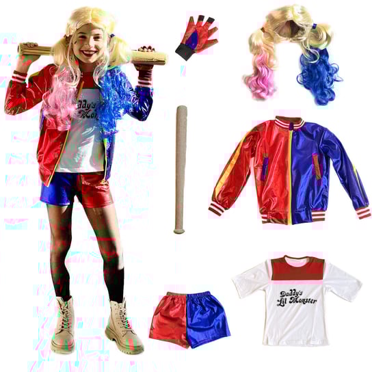 STRÓJ HARLEY QUINN Z LEGIONU SAMOBÓJCÓW PERUKA KIJ 6 ELEMENTÓW 7-8 Lat Cogio