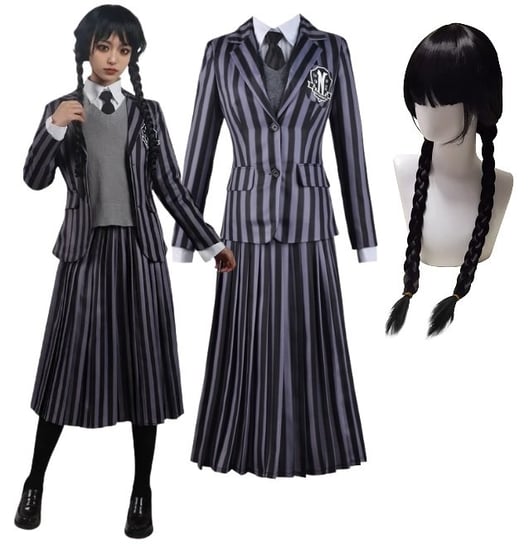 Strój Kostium Mundurek Wednesday Addams Cosplay 152/158 + Peruka Hopki