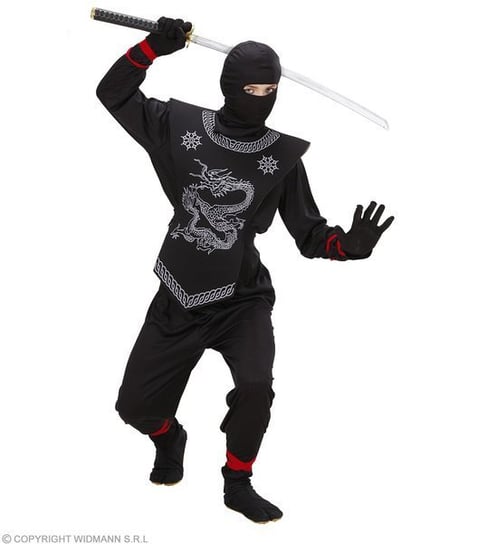 Strój ninja czarny ze smokami, rozmiar 140 Widmann
