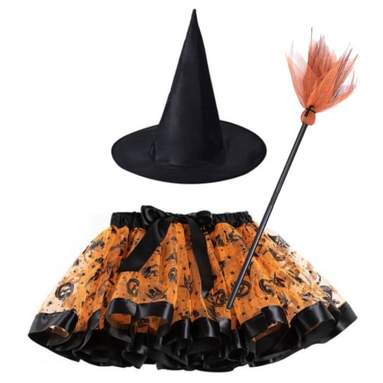 Strój Przebranie Halloween Czarownica Wiedźma Baba Jaga Tutu Pomarańczowa 104 128 Cm (L) Miotła Hopki