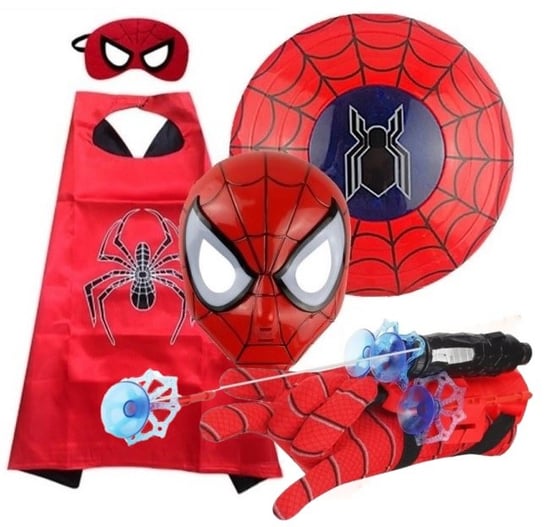 Strój Przebranie Spiderman Zestaw 4 Części Strzelająca Rękawica Z Wyrzukami Maska Tarcza Peleryna Hopki