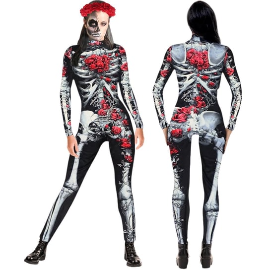 STRÓJ PRZEBRANIE SZKIELET KOŚCIOTRUP COCO RÓŻE LA CATRINA HALLOWEEN COSPLAY S M 164 170 CM Hopki