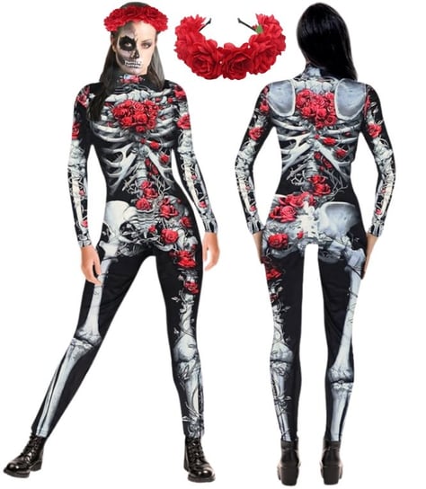 STRÓJ PRZEBRANIE SZKIELET KOŚCIOTRUP COCO RÓŻE LA CATRINA HALLOWEEN COSPLAY S M 164 170 CM Hopki