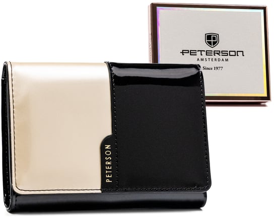 Stylowy, błyszczący portfel damski portmonetka z ochroną kart RFID Peterson, czarno-perłowy Peterson