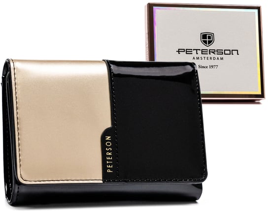 Stylowy, błyszczący portfel damski portmonetka z ochroną kart RFID Peterson, czarno-złoty Peterson