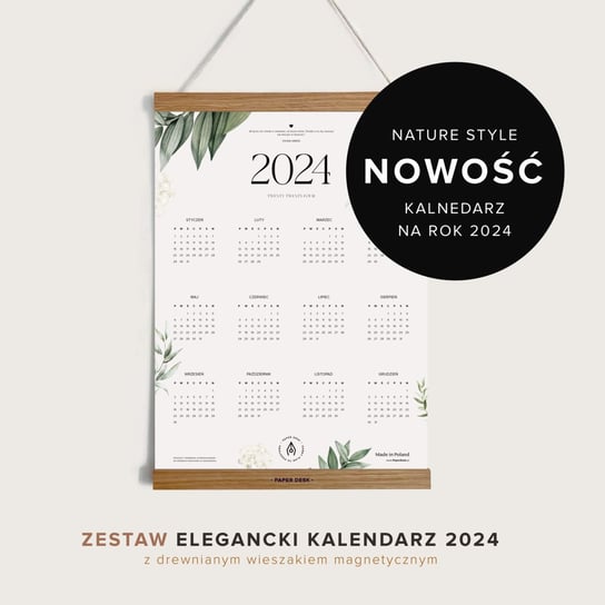 Stylowy Prezent: Kalendarz Ścienny Floral 2024 z Drewnianym Wieszakiem Magnetycznym PaperDesk