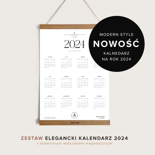 Stylowy Prezent: Kalendarz Ścienny MODERN 2024 z Drewnianym Wieszakiem Magnetycznym PaperDesk