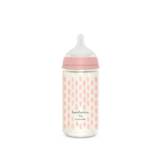 Suavinex Szklana butelka dla niemowląt 240 ml średni przepływ Różowa sowa Suavinex