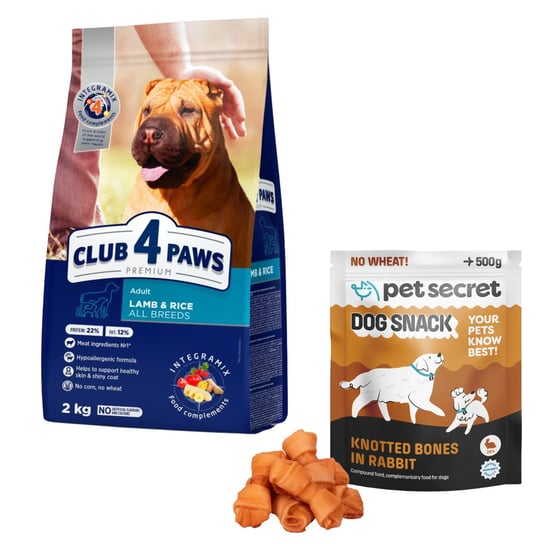 Sucha karma dla psa Club 4 Paws Jagnięcina z ryżem 2 kg Zestaw z przysmakami C4P