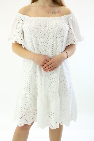 Sukienka hiszpanka w haftowany ażurowy wzór Riva Biała UNI Nelino