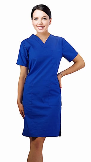 Sukienka medyczna kosmetyczna kolor chabrowy taliowana krótki rękaw 36 M&C