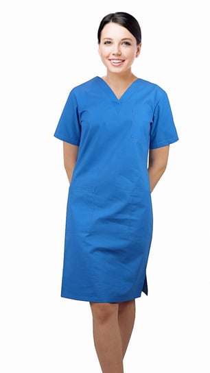 Sukienka medyczna kosmetyczna kolor jasny niebieski taliowana krótki rękaw 40 M&C